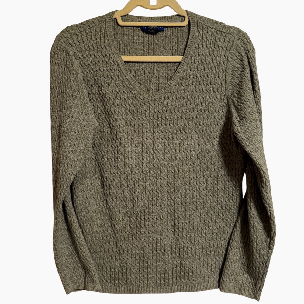 Karen Scott Womens XL Sage Green Cable Knit V-Neck 100% Cotton Sweater Pullover